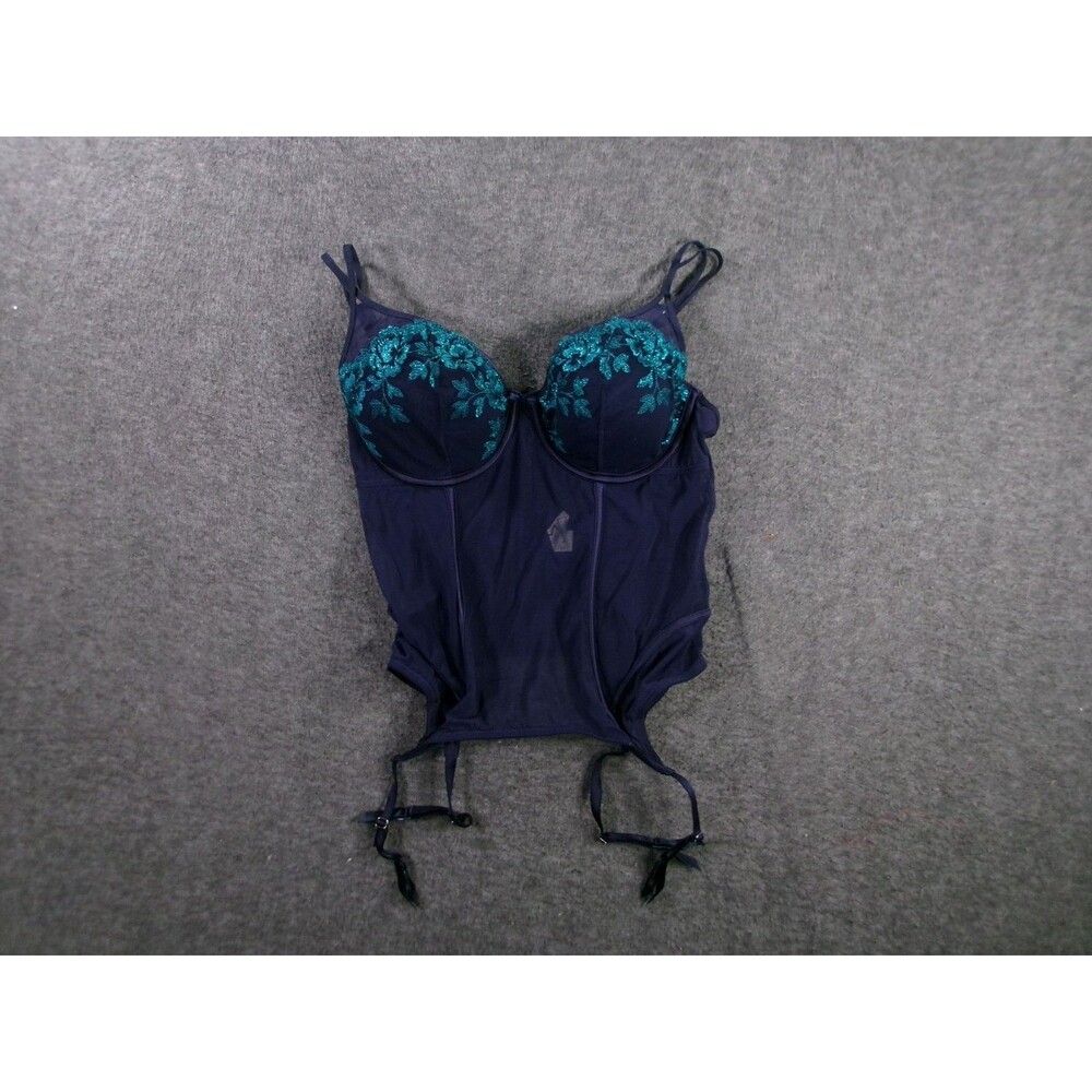 Maidenform Corset Womens 38C Navy Embroidered Bustier Longline Garter Underwire